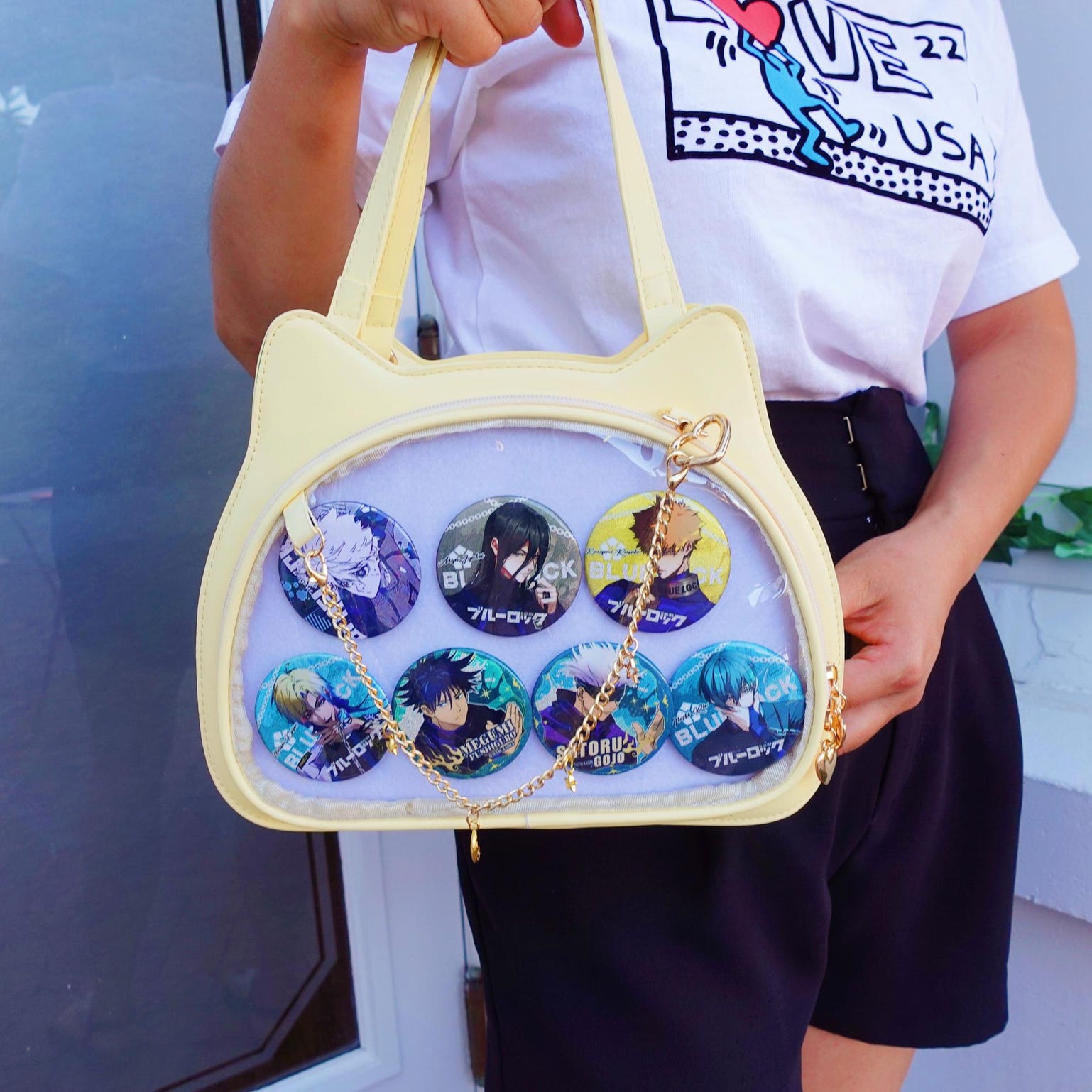 Black Kawaii Cat Convertible Ita Bag with Clear Window for Plushies and Pins Black Kawaii Cat Convertible Ita Bag with Clear Window for Plushies and Pins — ita bag detail view