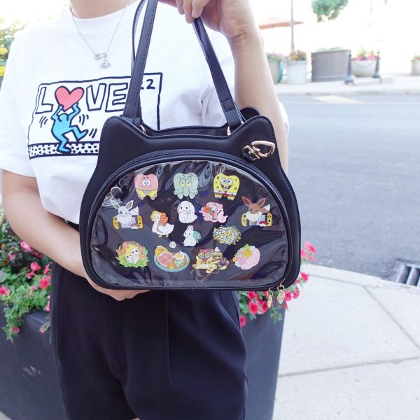 Black Kawaii Cat Convertible Ita Bag with Clear Window for Plushies and Pins — ita bag detail view