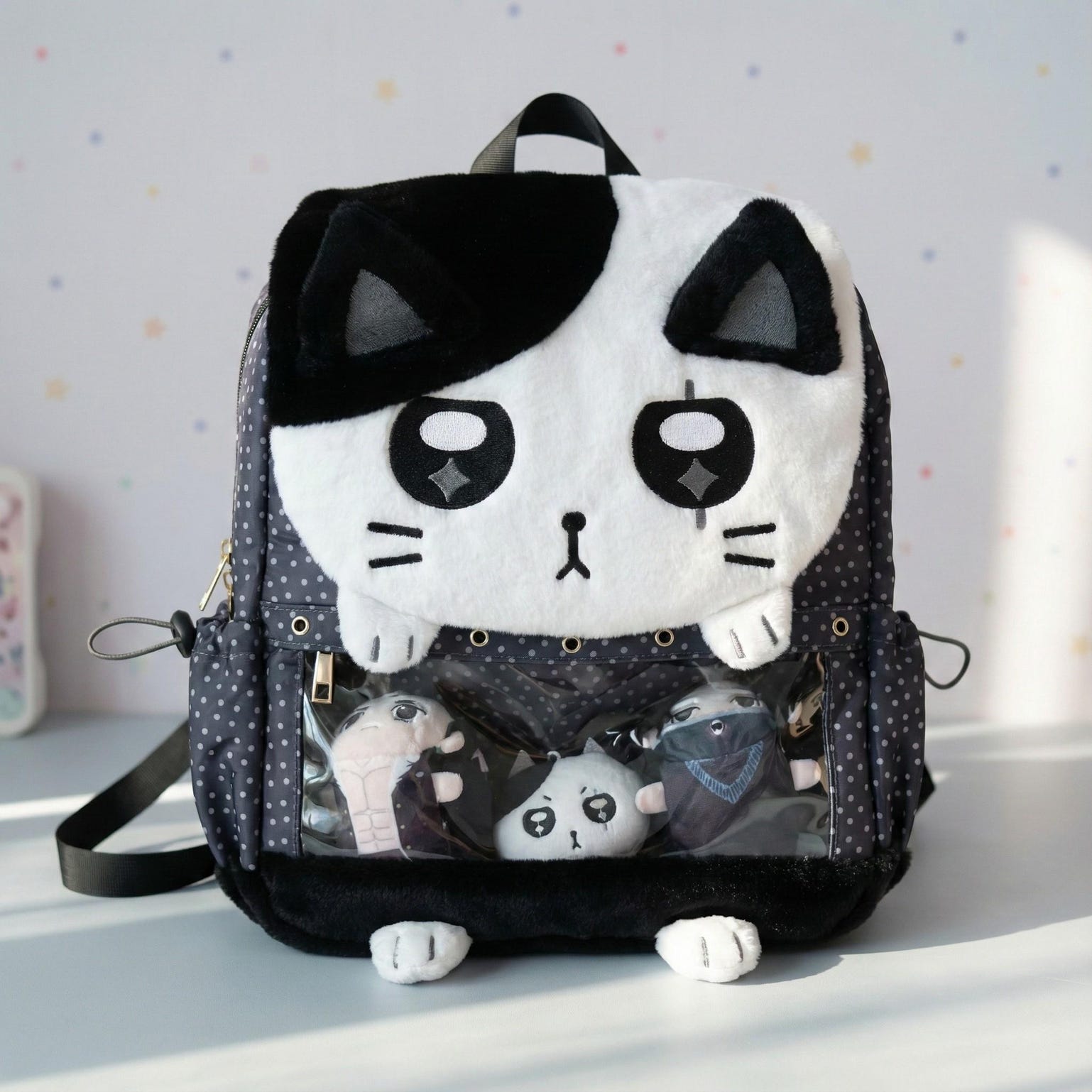 Black Kawaii Cat Ita Backpack for Plushies and Pins Black Kawaii Cat Ita Backpack for Plushies and Pins — ita backpack with clear display window