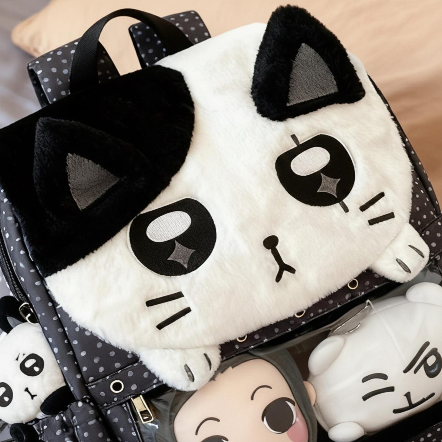 Black Kawaii Cat Ita Backpack for Plushies and Pins Black Kawaii Cat Ita Backpack for Plushies and Pins — ita backpack detail view