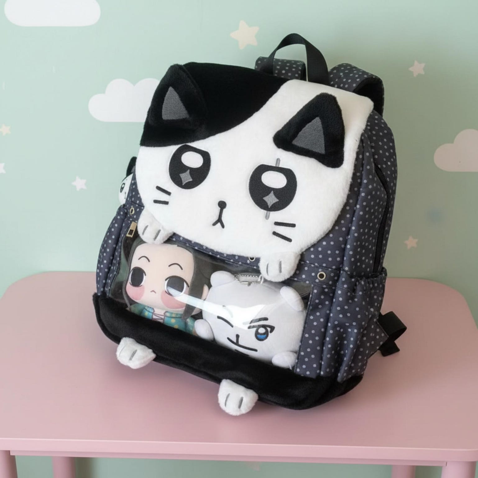 Black Kawaii Cat Ita Backpack for Plushies and Pins Black Kawaii Cat Ita Backpack for Plushies and Pins — ita backpack detail view