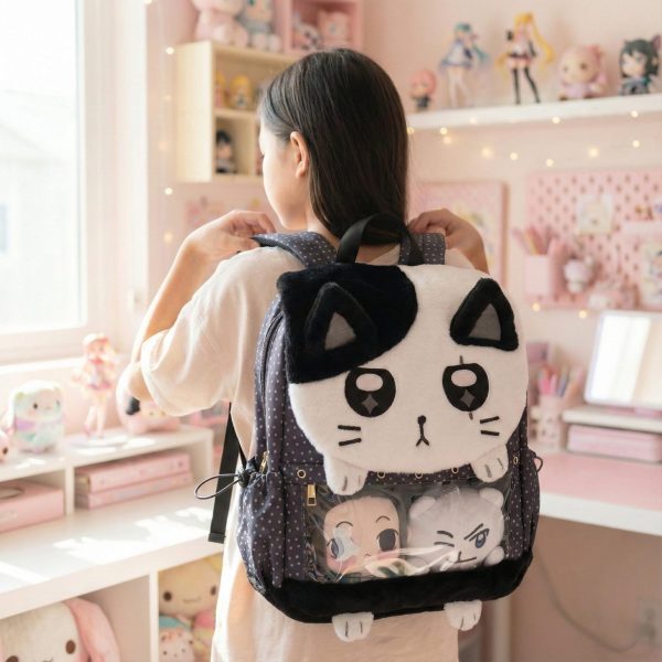 Black Kawaii Cat Ita Backpack for Plushies and Pins — ita backpack detail view