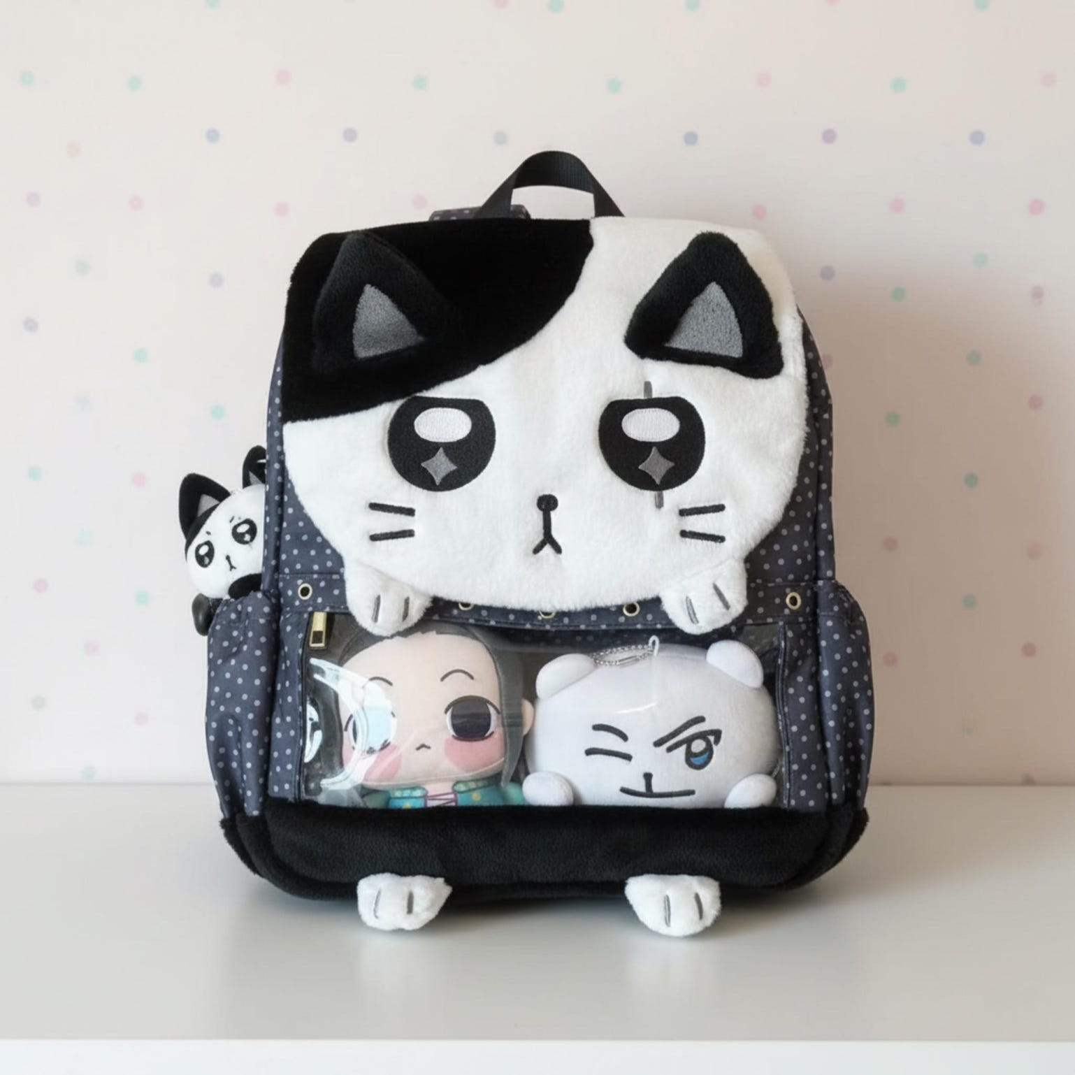 Black Kawaii Cat Ita Backpack for Plushies and Pins Black Kawaii Cat Ita Backpack for Plushies and Pins — ita backpack detail view