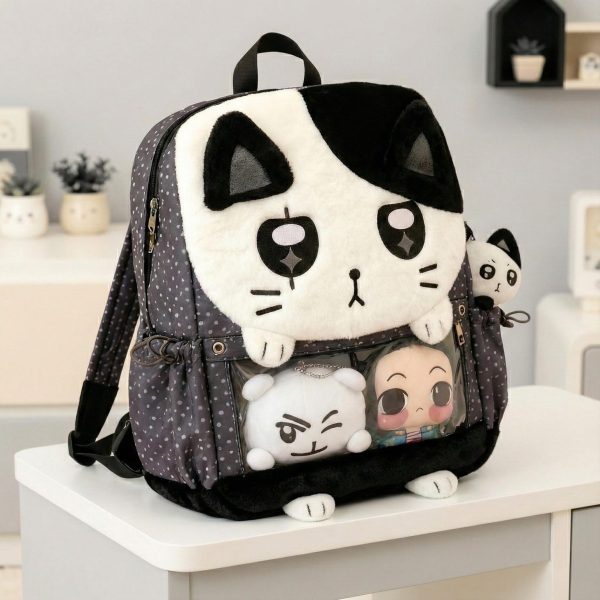 Black Kawaii Cat Ita Backpack for Plushies and Pins — ita backpack detail view