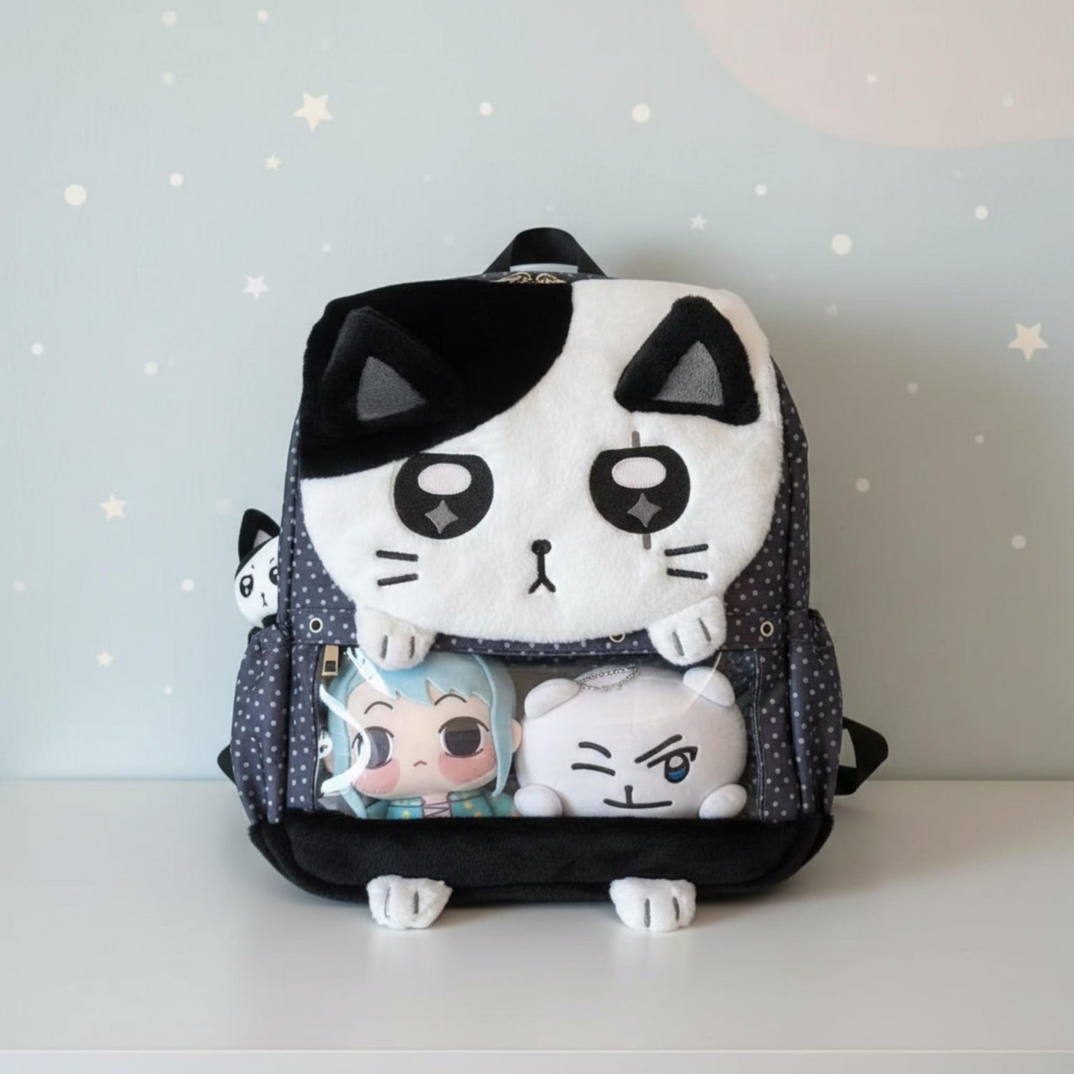 Black Kawaii Cat Ita Backpack for Plushies and Pins Black Kawaii Cat Ita Backpack for Plushies and Pins — ita backpack detail view