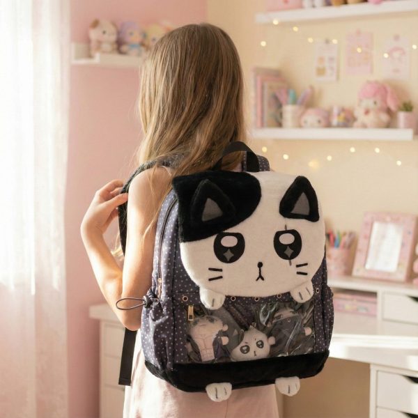 Black Kawaii Cat Ita Backpack for Plushies and Pins — ita backpack detail view