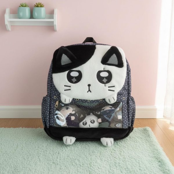 Black Kawaii Cat Ita Backpack for Plushies and Pins — ita backpack detail view