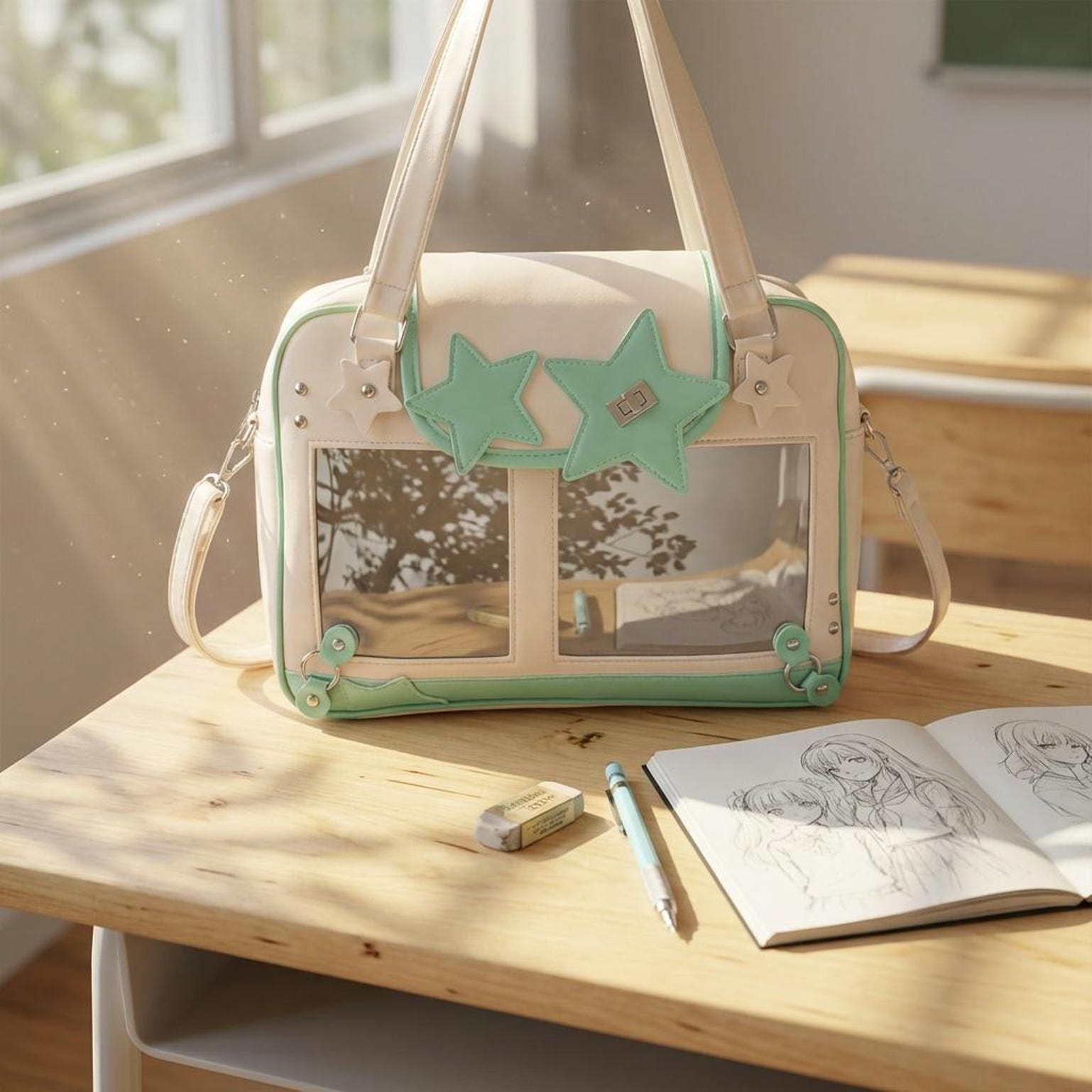 Black Kawaii Convertible Ita Bag for Pin Display Black Kawaii Convertible Ita Bag for Pin Display — ita bag detail view