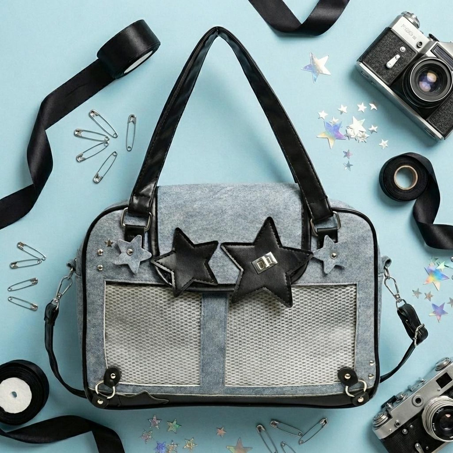 Black Kawaii Convertible Ita Bag for Pin Display Black Kawaii Convertible Ita Bag for Pin Display — ita bag detail view