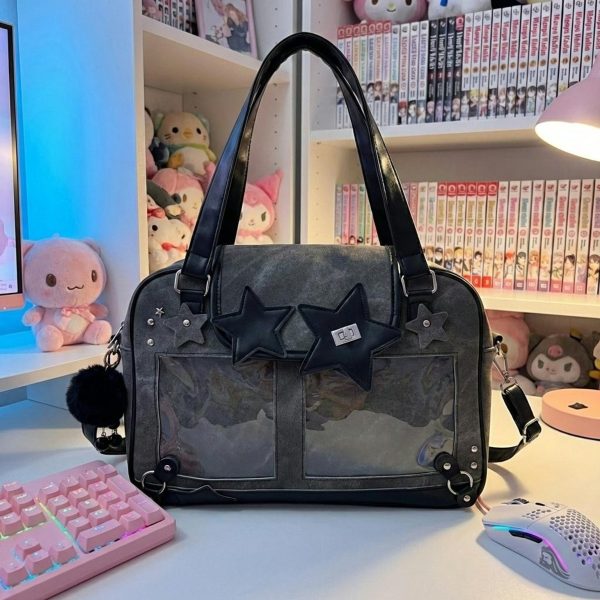 Black Kawaii Convertible Ita Bag for Pin Display — ita bag detail view