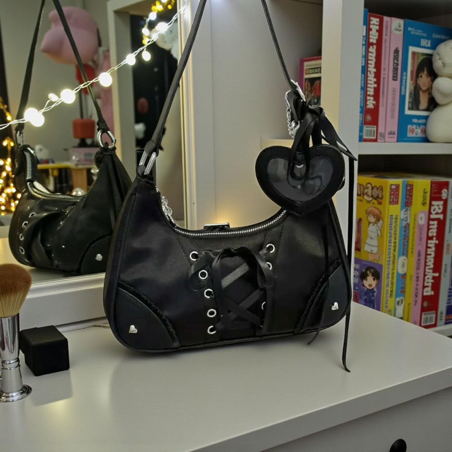 Black Kawaii Convertible Ita Bag for Pin Display Black Kawaii Convertible Ita Bag for Pin Display — ita bag detail view