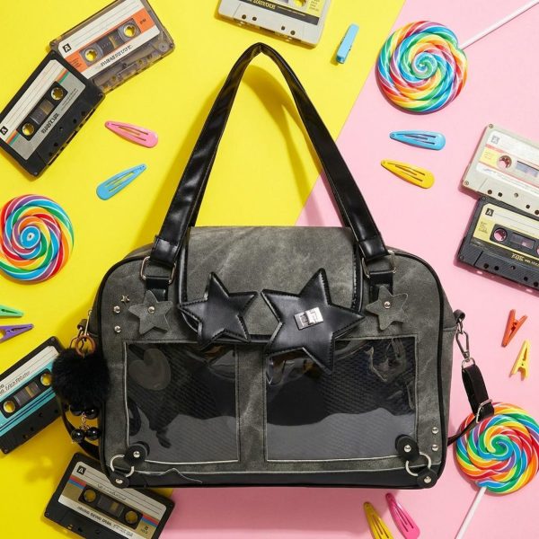 Black Kawaii Convertible Ita Bag for Pin Display — ita bag with clear display window