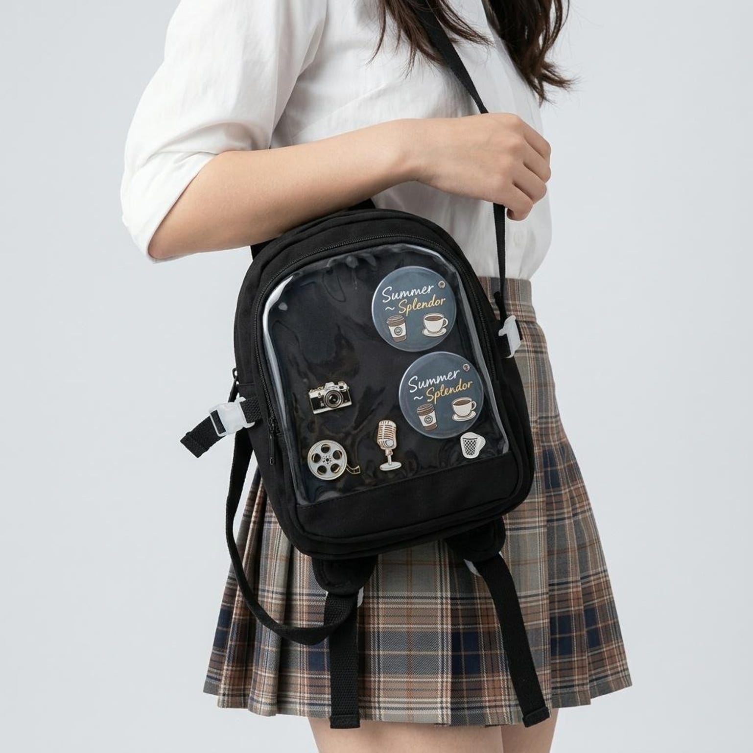 Black Kawaii Convertible Ita Bag for Pin Display Black Kawaii Convertible Ita Bag for Pin Display — ita bag with clear display window