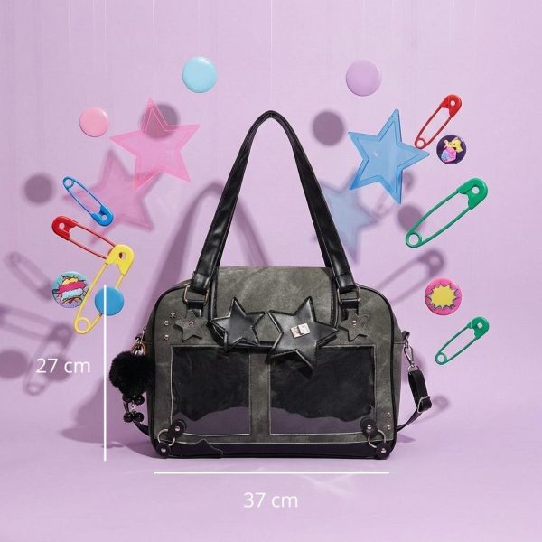 Black Kawaii Convertible Ita Bag for Pin Display — ita bag detail view