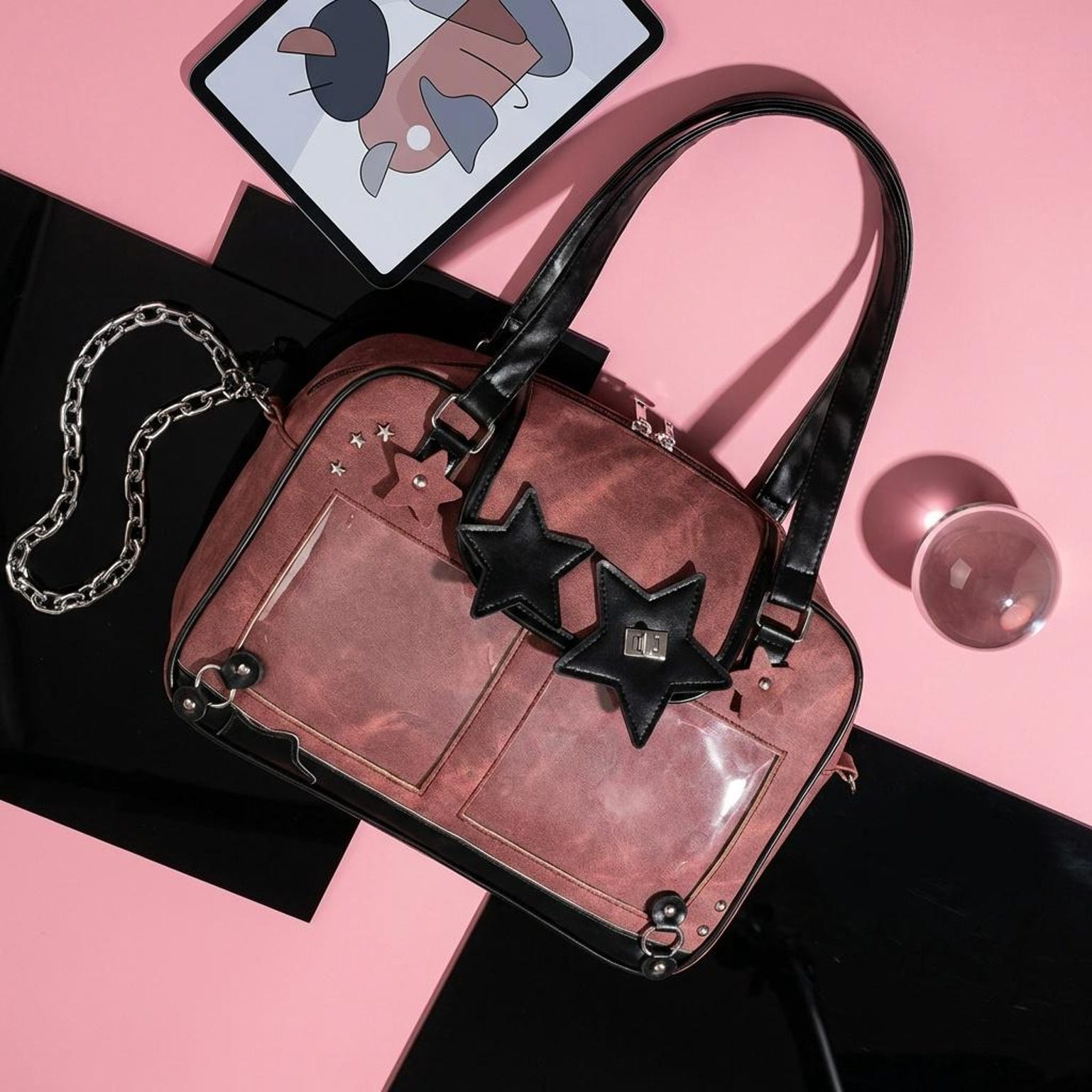 Black Kawaii Convertible Ita Bag for Pin Display Black Kawaii Convertible Ita Bag for Pin Display — ita bag detail view