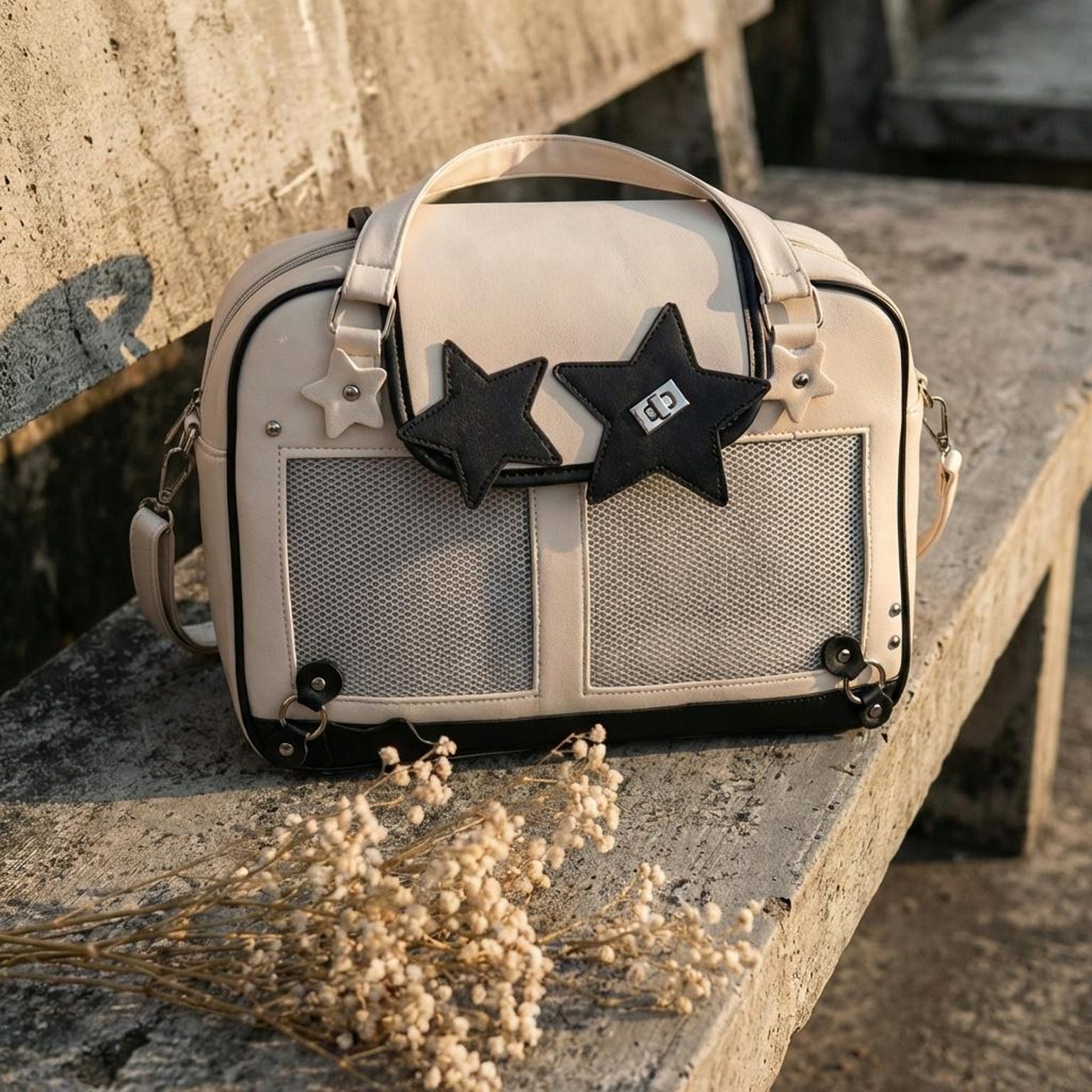 Black Kawaii Convertible Ita Bag for Pin Display Black Kawaii Convertible Ita Bag for Pin Display — ita bag detail view