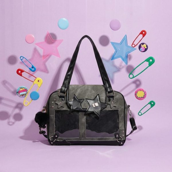 Black Kawaii Convertible Ita Bag for Pin Display — ita bag detail view