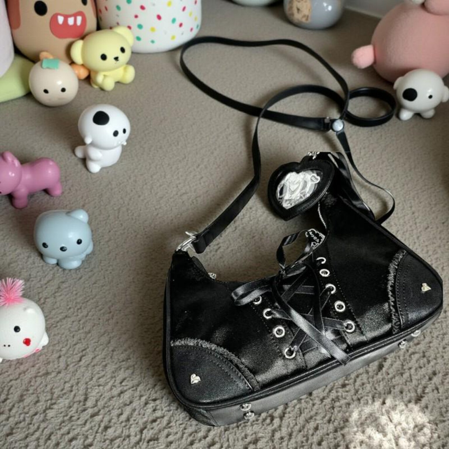 Black Kawaii Convertible Ita Bag for Pin Display Black Kawaii Convertible Ita Bag for Pin Display — ita bag detail view