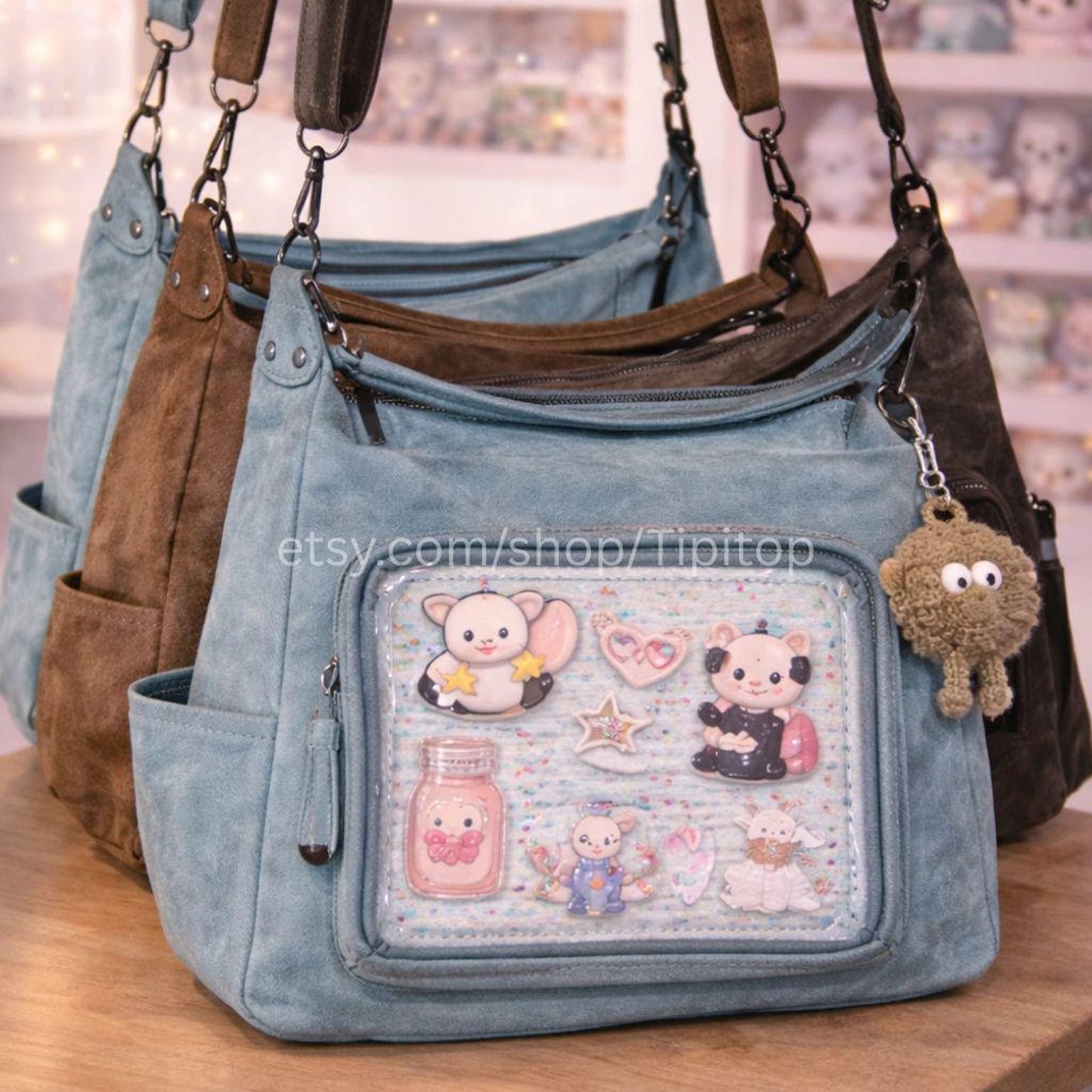 Black Kawaii Convertible Ita Bag for Plushies and Pins Black Kawaii Convertible Ita Bag for Plushies and Pins — ita bag detail view