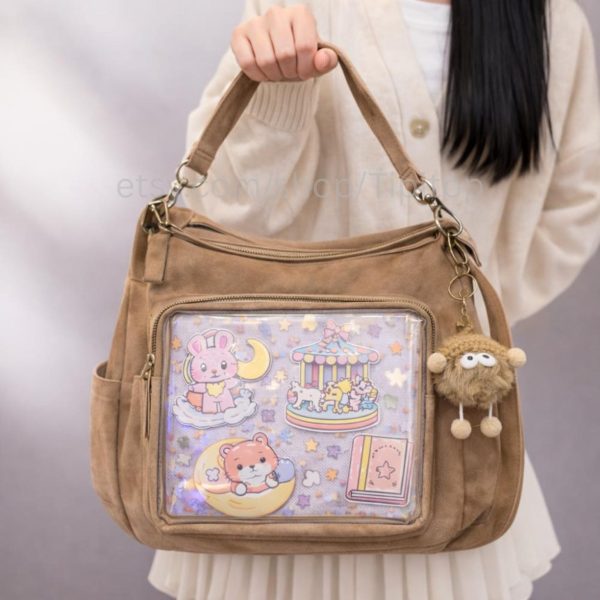 Black Kawaii Convertible Ita Bag for Plushies and Pins — ita bag with clear display window