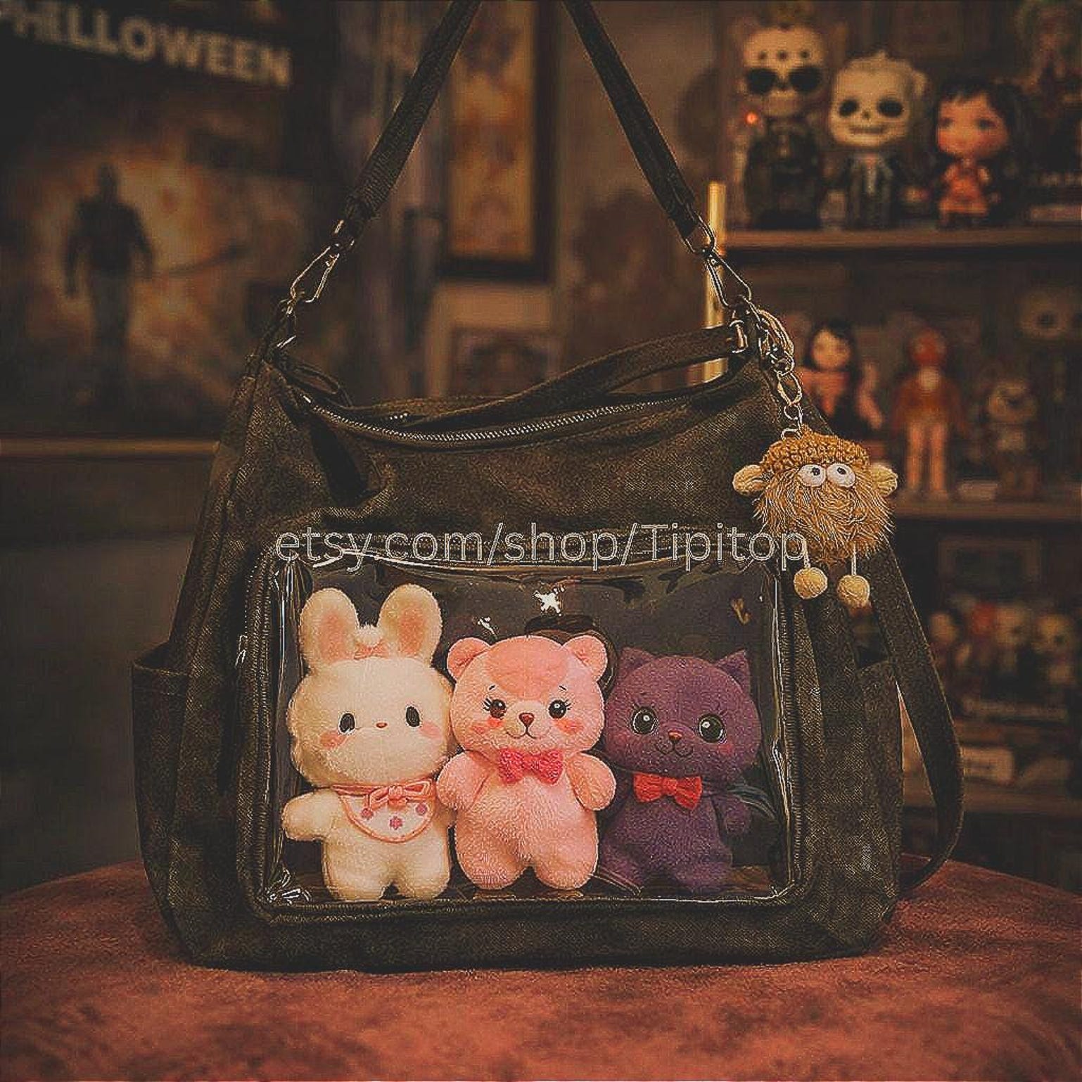 Black Kawaii Convertible Ita Bag for Plushies and Pins Black Kawaii Convertible Ita Bag for Plushies and Pins — ita bag detail view