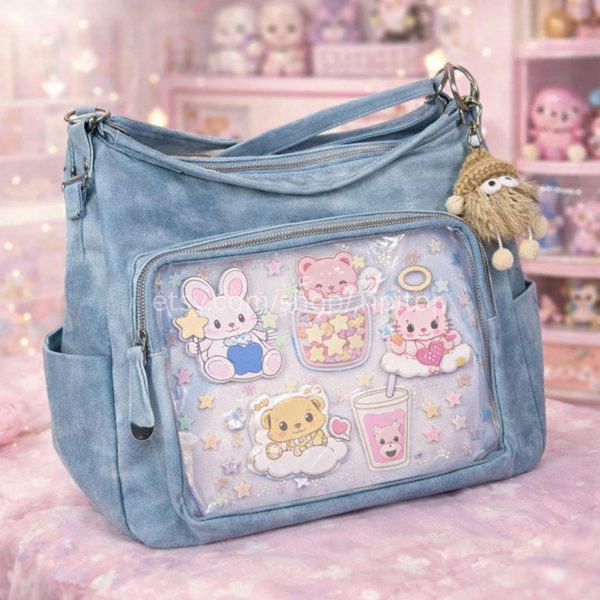 Black Kawaii Convertible Ita Bag for Plushies and Pins — ita bag detail view