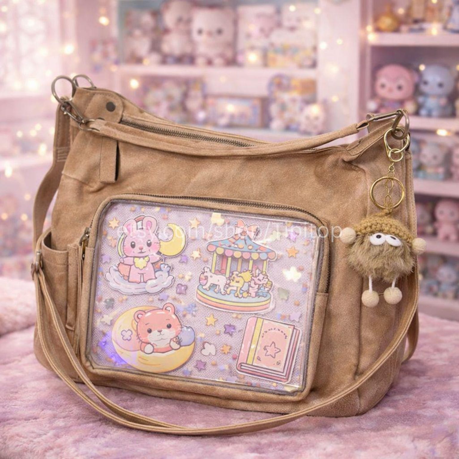 Black Kawaii Convertible Ita Bag for Plushies and Pins Black Kawaii Convertible Ita Bag for Plushies and Pins — ita bag detail view