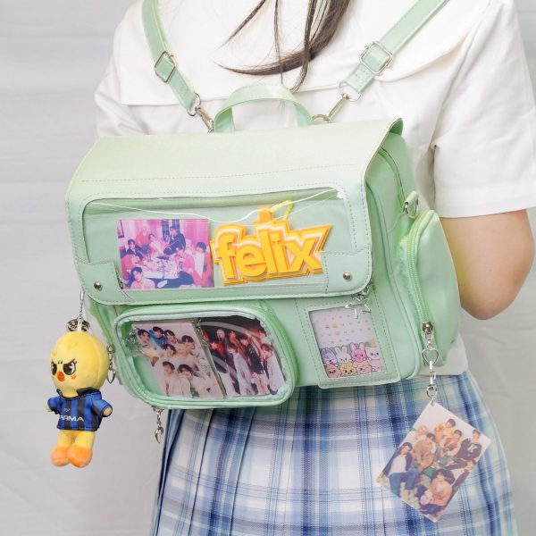 Black Kawaii Convertible Ita Bag with Clear Window for Photocards and Pins — ita bag detail view