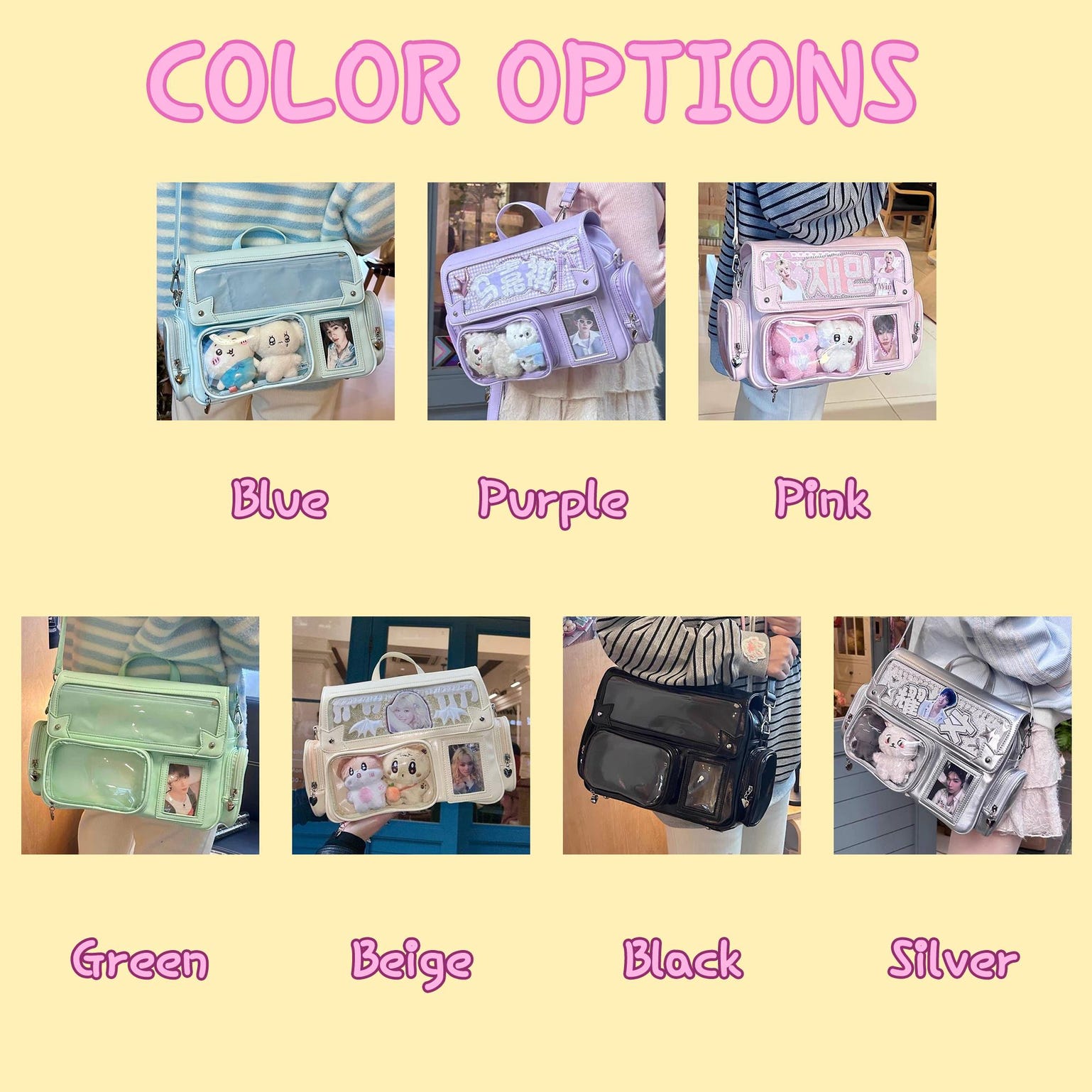 Black Kawaii Convertible Ita Bag with Clear Window for Photocards and Pins Black Kawaii Convertible Ita Bag with Clear Window for Photocards and Pins — ita bag detail view