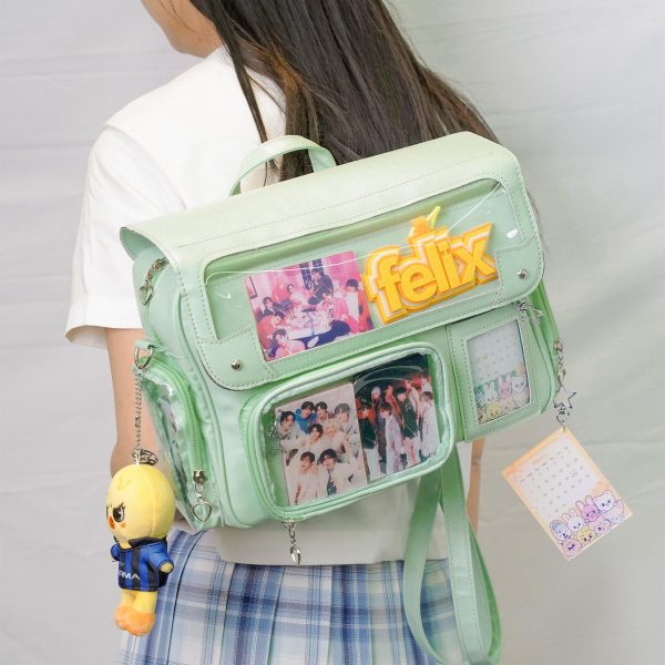 Black Kawaii Convertible Ita Bag with Clear Window for Photocards and Pins — ita bag detail view