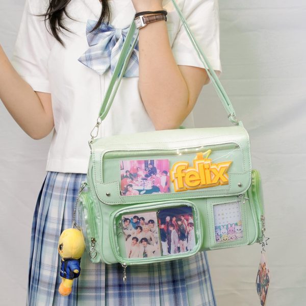 Black Kawaii Convertible Ita Bag with Clear Window for Photocards and Pins — ita bag detail view