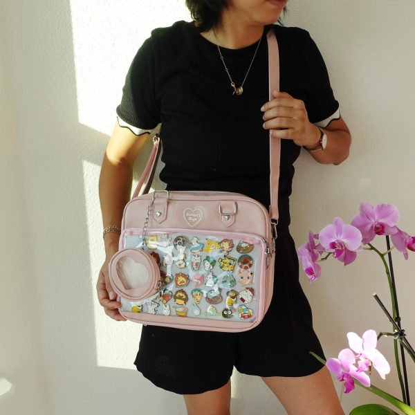 Black Kawaii Convertible Ita Bag with Clear Window for Pin Display — ita bag detail view