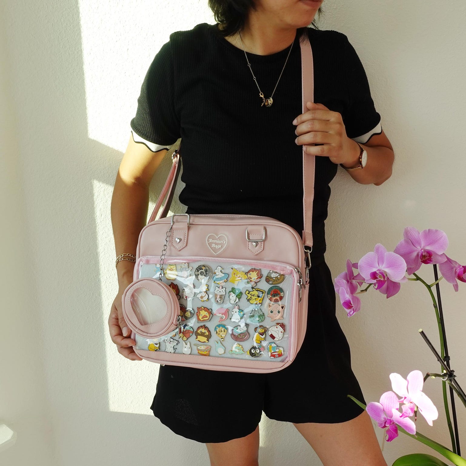 Black Kawaii Convertible Ita Bag with Clear Window for Pin Display Black Kawaii Convertible Ita Bag with Clear Window for Pin Display — ita bag detail view
