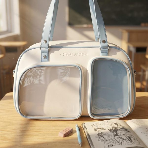 Black Kawaii Convertible Ita Bag with Clear Window for Pin Display — ita bag detail view