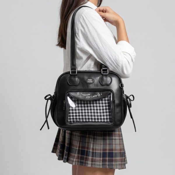 Black Kawaii Convertible Ita Bag with Clear Window for Pin Display — ita bag with clear display window