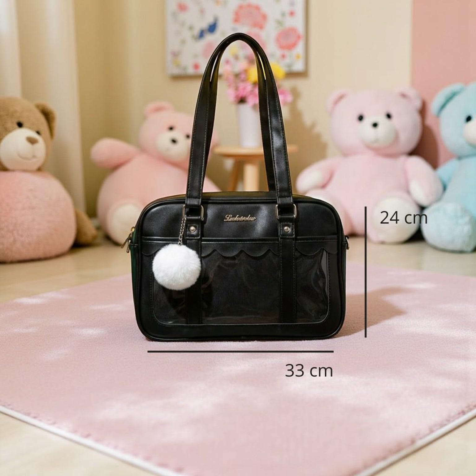 Black Kawaii Convertible Ita Bag with Clear Window for Pin Display Black Kawaii Convertible Ita Bag with Clear Window for Pin Display — ita bag detail view