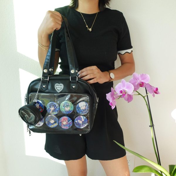 Black Kawaii Convertible Ita Bag with Clear Window for Pin Display — ita bag detail view