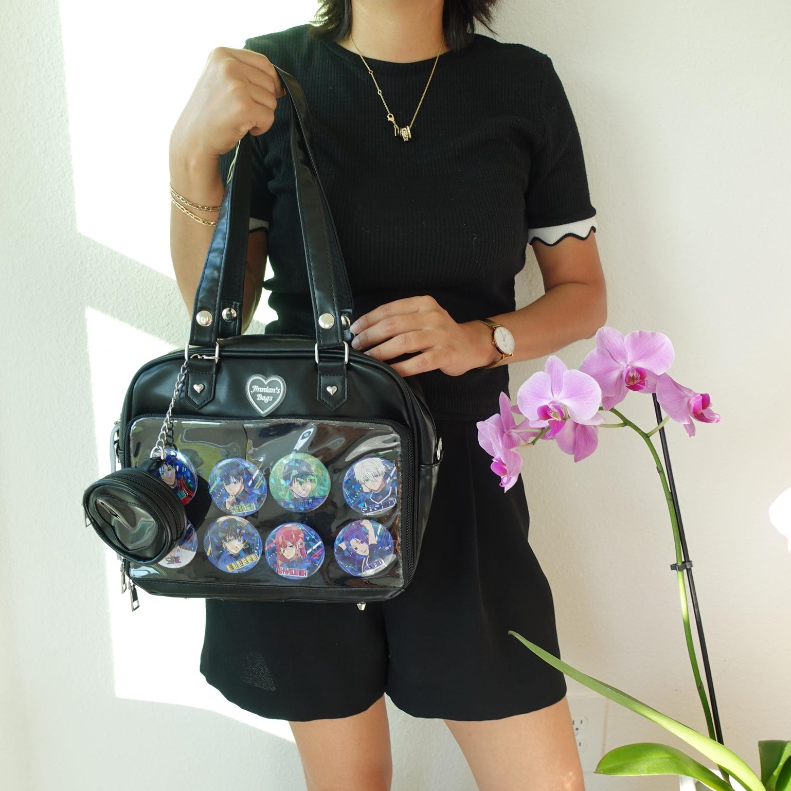 Black Kawaii Convertible Ita Bag with Clear Window for Pin Display Black Kawaii Convertible Ita Bag with Clear Window for Pin Display — ita bag detail view