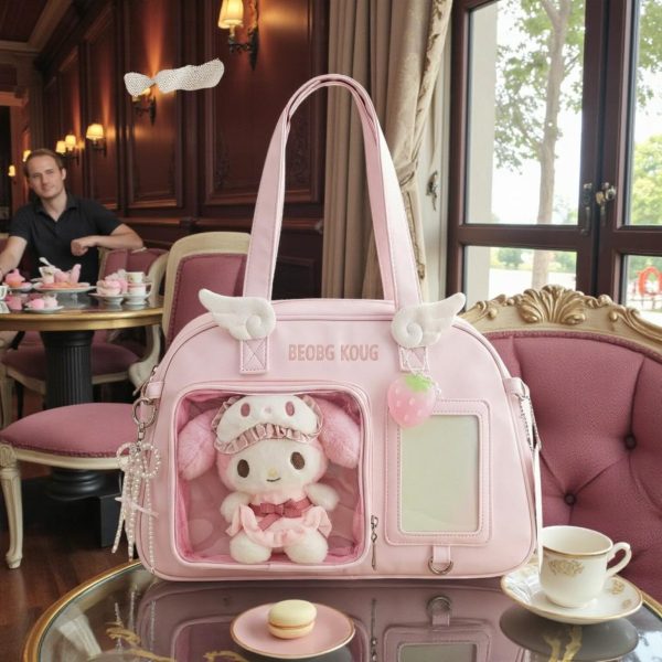 Black Kawaii Convertible Ita Bag with Clear Window for Pin Display — ita bag detail view