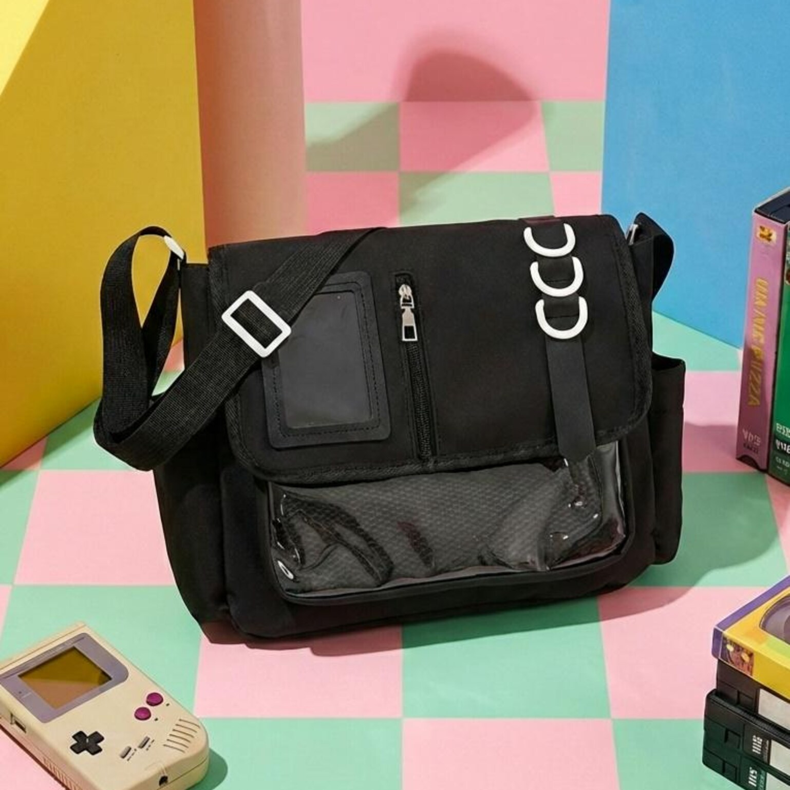 Black Kawaii Convertible Ita Bag with Clear Window for Pin Display Black Kawaii Convertible Ita Bag with Clear Window for Pin Display — ita bag with clear display window