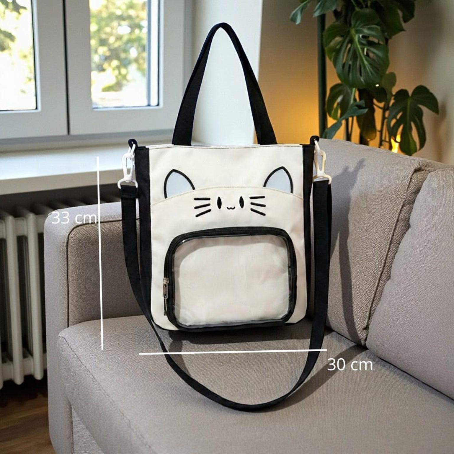 Black Kawaii Convertible Ita Bag with Clear Window for Pin Display Black Kawaii Convertible Ita Bag with Clear Window for Pin Display — ita bag detail view