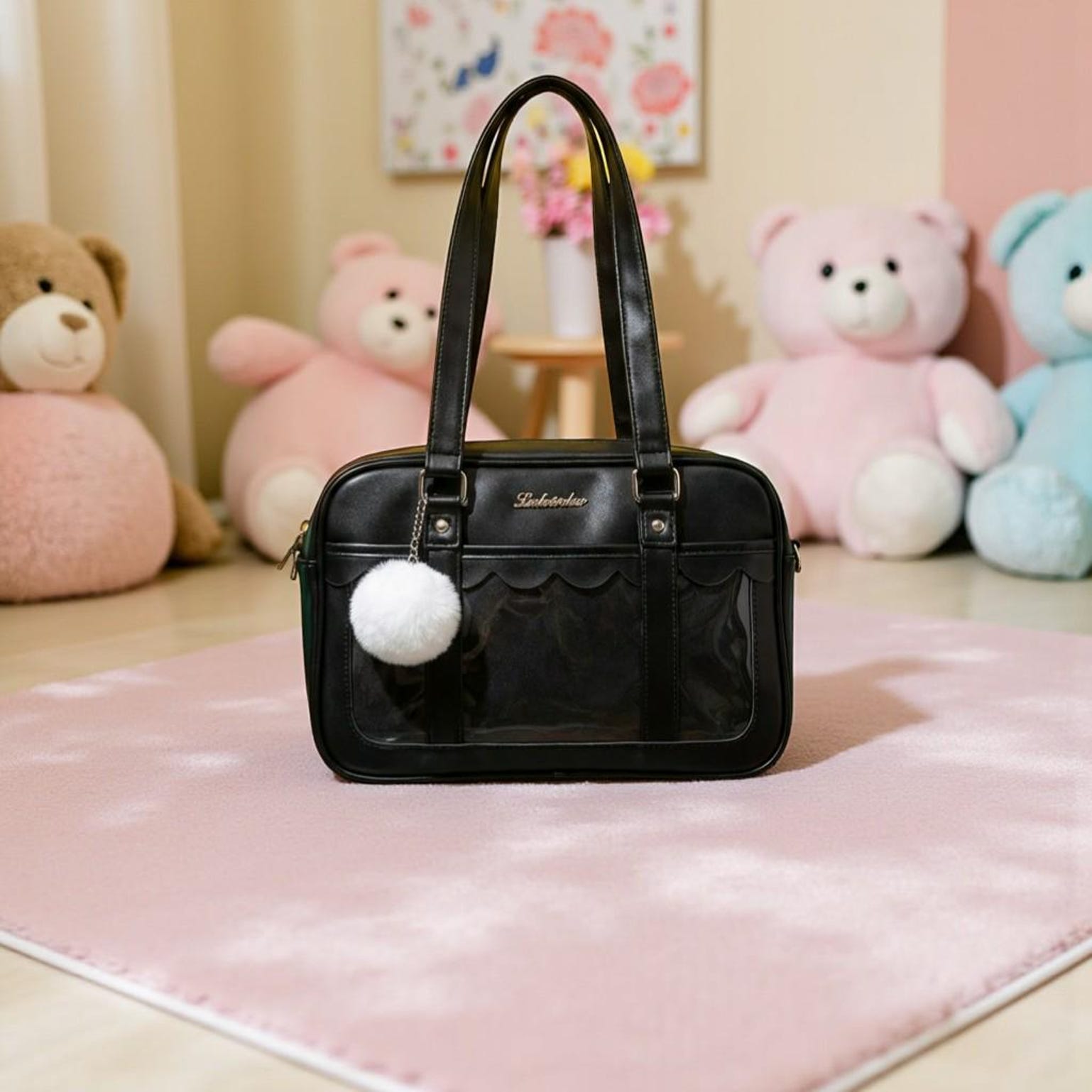 Black Kawaii Convertible Ita Bag with Clear Window for Pin Display Black Kawaii Convertible Ita Bag with Clear Window for Pin Display — ita bag detail view