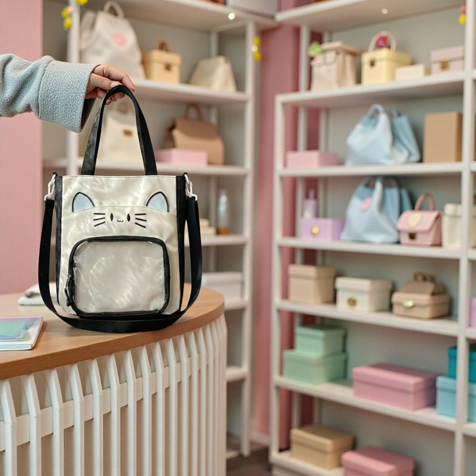 Black Kawaii Convertible Ita Bag with Clear Window for Pin Display Black Kawaii Convertible Ita Bag with Clear Window for Pin Display — ita bag detail view