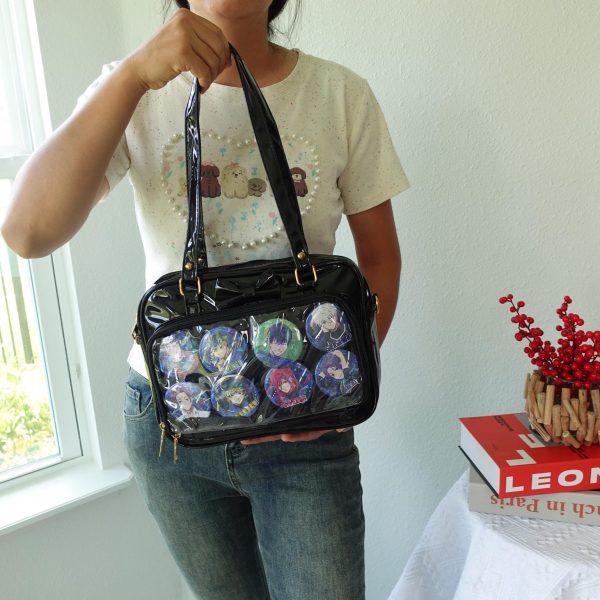 Black Kawaii Convertible Ita Bag with Clear Window for Pin Display — ita bag detail view