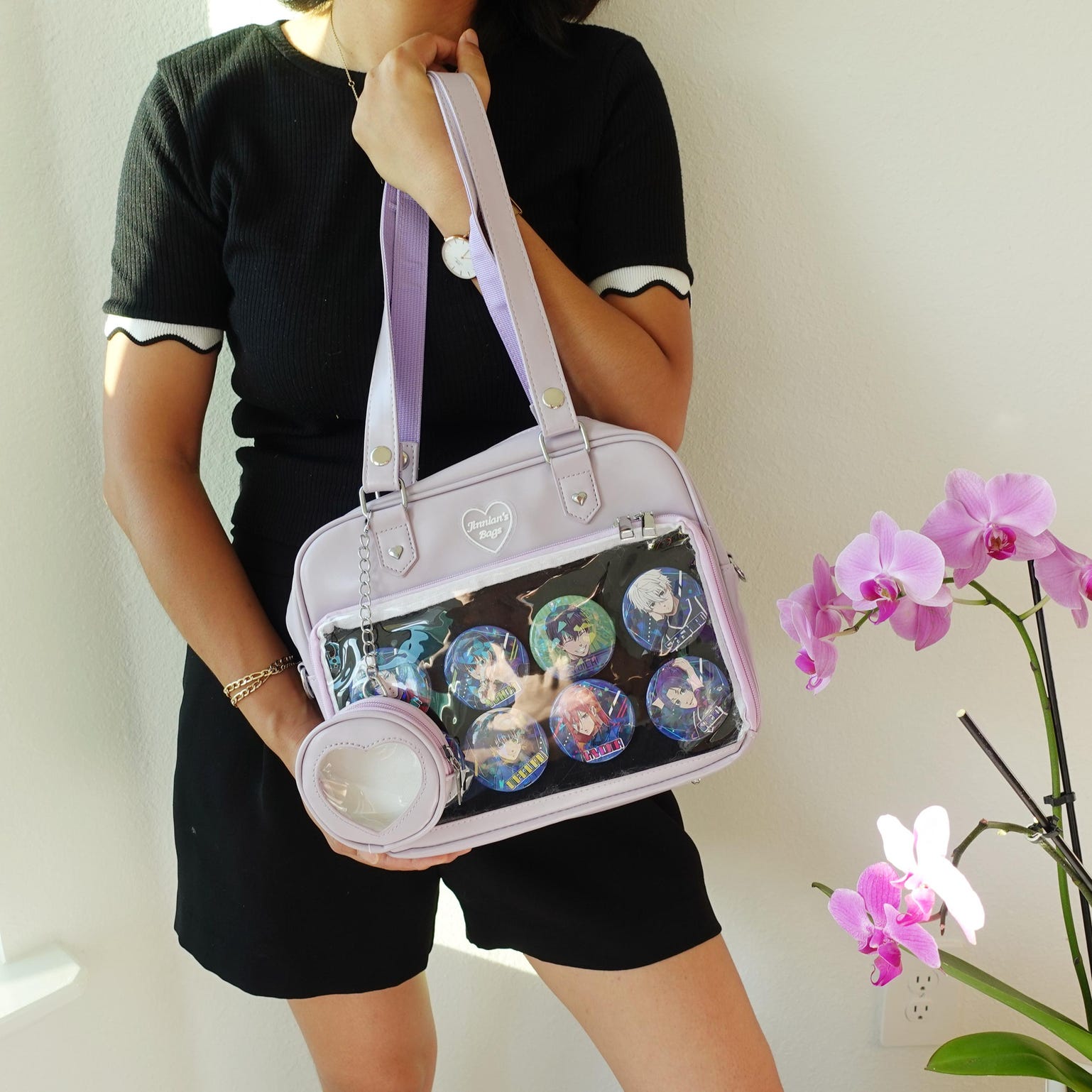 Black Kawaii Convertible Ita Bag with Clear Window for Pin Display Black Kawaii Convertible Ita Bag with Clear Window for Pin Display — ita bag detail view