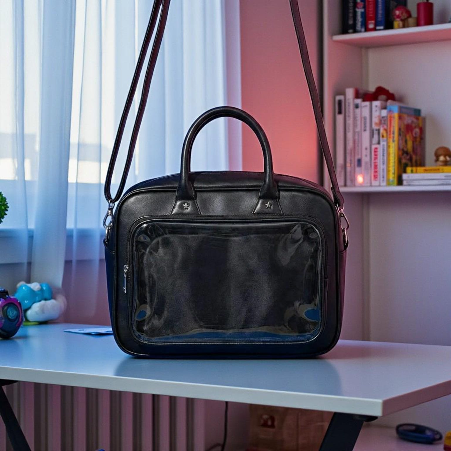 Black Kawaii Convertible Ita Bag with Clear Window for Pin Display Black Kawaii Convertible Ita Bag with Clear Window for Pin Display — ita bag detail view