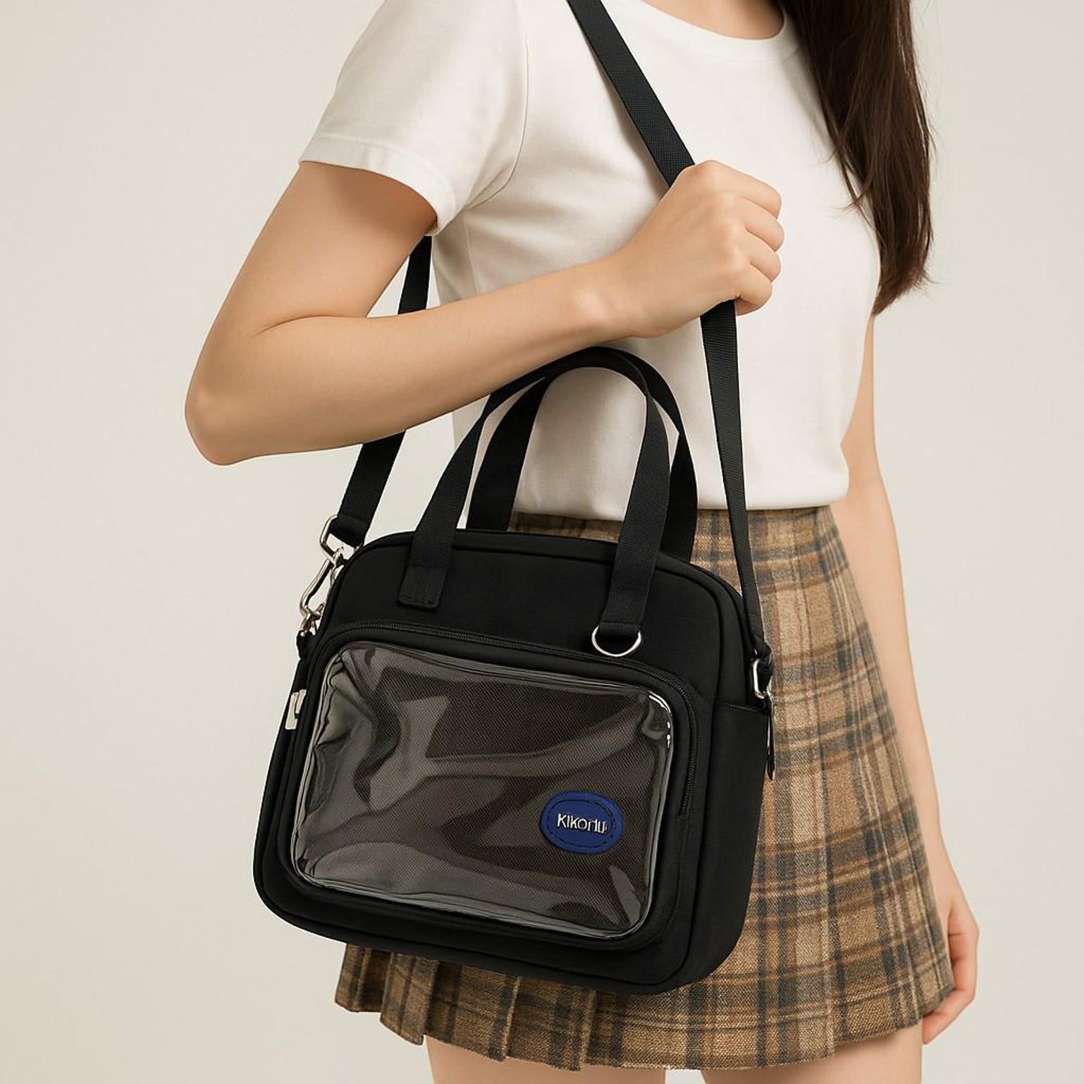 Black Kawaii Convertible Ita Bag with Clear Window for Pin Display