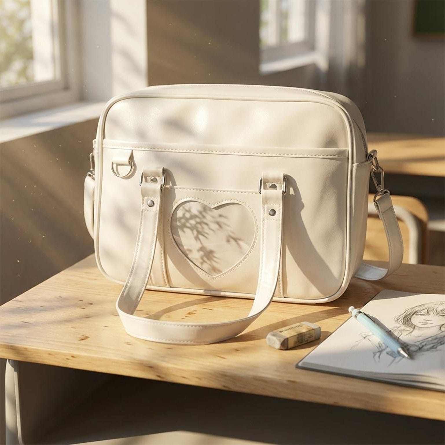 Black Kawaii Convertible Ita Bag with Clear Window for Pin Display Black Kawaii Convertible Ita Bag with Clear Window for Pin Display — ita bag detail view