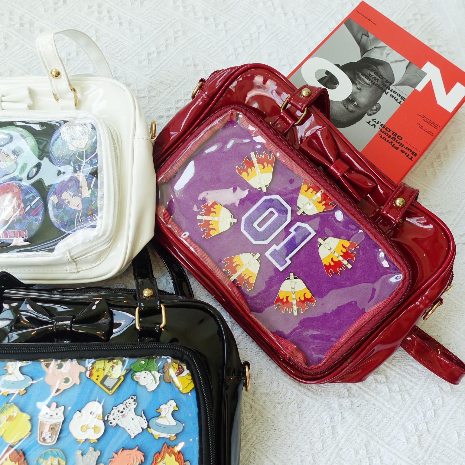 Black Kawaii Convertible Ita Bag with Clear Window for Pin Display Black Kawaii Convertible Ita Bag with Clear Window for Pin Display — ita bag detail view