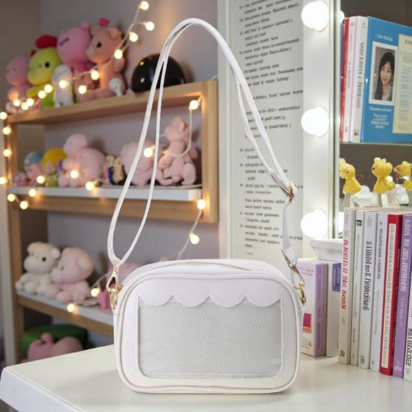Black Kawaii Convertible Ita Bag with Clear Window for Pin Display — ita bag detail view